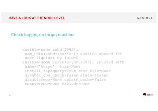 ‹#›
HAVE A LOOK AT THE NODE LEVEL
Check logging on target machine
ansible-node sshd[2395]:
pam_unix(sshd:session): session opened for
user liquidat by (uid=0)
ansible-node ansible-yum[2399]: Invoked with
name=['httpd'] list=None
install_repoquery=True conf_file=None
disable_gpg_check=False state=absent
disablerepo=None update_cache=False
enablerepo=None exclude=None
 