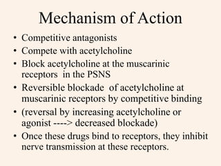 Mechanism of Action
• Competitive antagonists
• Compete with acetylcholine
• Block acetylcholine at the muscarinic
receptors in the PSNS
• Reversible blockade of acetylcholine at
muscarinic receptors by competitive binding
• (reversal by increasing acetylcholine or
agonist ----> decreased blockade)
• Once these drugs bind to receptors, they inhibit
nerve transmission at these receptors.
 