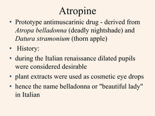 Atropine
• Prototype antimuscarinic drug - derived from
Atropa belladonna (deadly nightshade) and
Datura stramonium (thorn apple)
• History:
• during the Italian renaissance dilated pupils
were considered desirable
• plant extracts were used as cosmetic eye drops
• hence the name belladonna or "beautiful lady"
in Italian
 