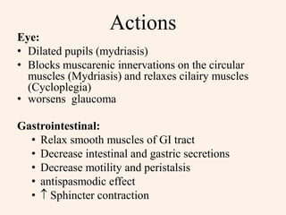 Actions
Eye:
• Dilated pupils (mydriasis)
• Blocks muscarenic innervations on the circular
muscles (Mydriasis) and relaxes cilairy muscles
(Cycloplegia)
• worsens glaucoma
Gastrointestinal:
• Relax smooth muscles of GI tract
• Decrease intestinal and gastric secretions
• Decrease motility and peristalsis
• antispasmodic effect
•  Sphincter contraction
 