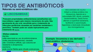 TIPOS DE ANTIBIÓTICOS
Naturais ou semi-sintéticos são:
 LINCOSAMIDAS
Possuem propriedades antibacterianas semelhantes aos
macrolídeos e agem pelo mesmo mecanismo de ação. São
geralmente de uso oral, escolhido para o tratamento de
infecções periféricas causadas por bactérias resistentes à
penicilina. Também pode ser usado topicamente para
tratamento de acne.
Exemplo: lincomicina e seu derivado
semi-sintético clindamicina.
MECANISMO DE AÇÃO:
Inibem a síntese protéica nos
ribossomos, ligando-se a
subunidade 50S, sendo, portanto,
bacteriostáticas. Desta forma
alteram a superfície bacteriana,
facilitando a opsonização,
fagocitose e destruição intracelular
dos microrganismos
Efeitos colaterais
diarréia.
colite associada ao uso de antimicrobianos
(colite pseudomembranosa), causada
pelo Clostridium difficile, que costuma ser
resistente à clindamicina;
exantema
pode ocorrer flebite após infusão endovenosa.
 