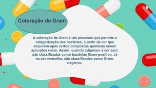 A coloração de Gram é um processo que permite a
categorização das bactérias, a partir da cor que
adquirem após certos compostos químicos serem
aplicados nelas. Assim, quando adquirem a cor azul,
são classificadas como bactérias Gram-positivo. Já
na cor vermelha, são classificadas como Gram-
negativo.
Coloração de Gram
 