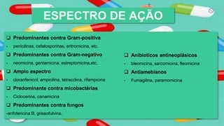 ESPECTRO DE AÇÃO
 Predominantes contra Gram-positiva
- penicilinas, cefalosporinas, eritromicina, etc.
 Predominantes contra Gram-negativo
- neomicina, gentamicina, estreptomicina,etc.
 Amplo espectro
- cloranfenicol, ampicilina, tetracclina, rifampicina
 Predominante contra micobactérias
- Ciclocerina, canamicina
 Predominantes contra fungos
-anfotericina B, griseofulvina.
 Anibioticos antineoplásicos
- bleomicina, sarcomicina, fleomicina
 Antiamebianos
- Fumagilina, paramomicina
 