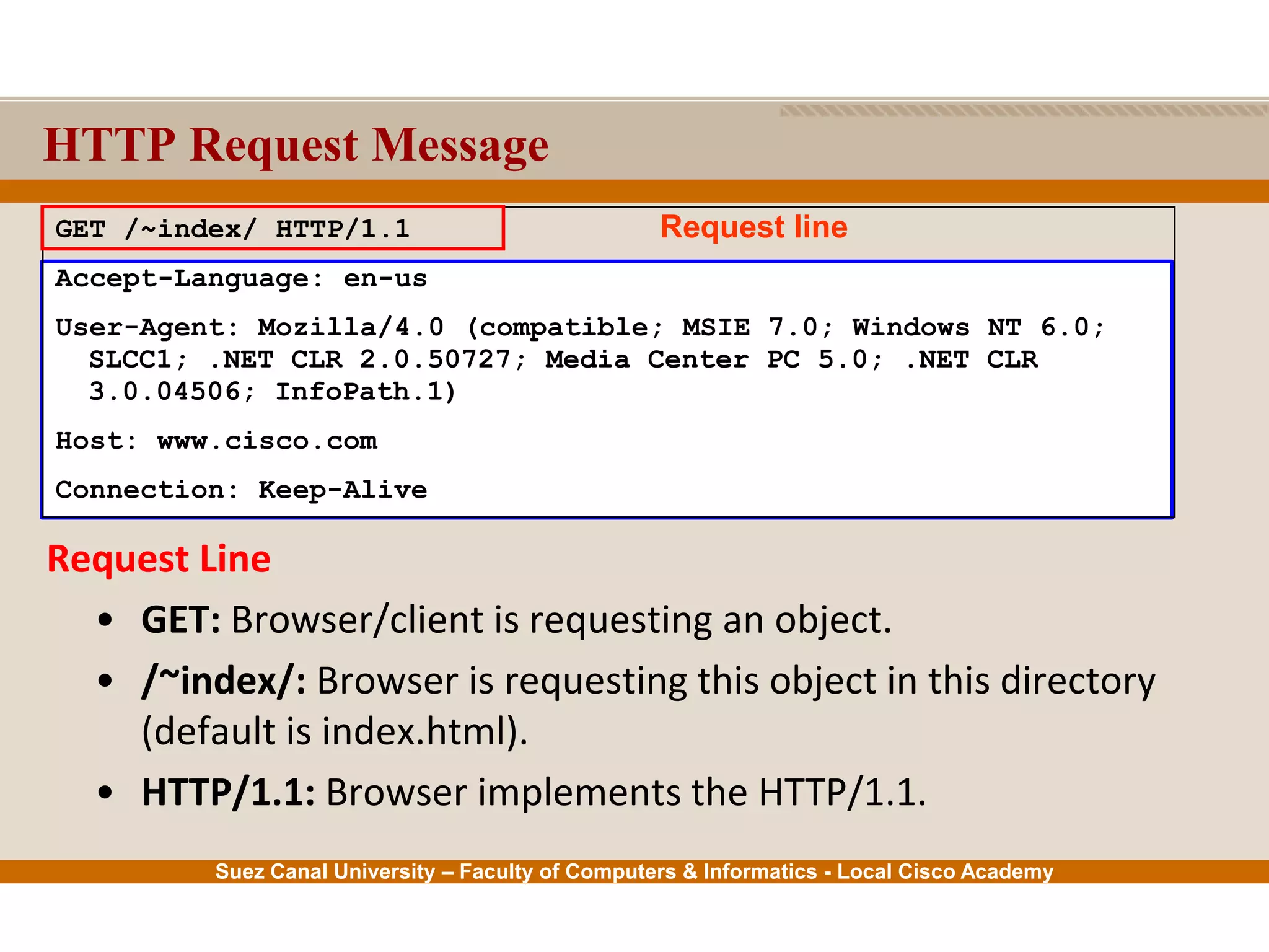 Suez Canal University – Faculty of Computers & Informatics - Local Cisco Academy
HTTP Request Message
Request Line
• GET: Browser/client is requesting an object.
• /~index/: Browser is requesting this object in this directory
(default is index.html).
• HTTP/1.1: Browser implements the HTTP/1.1.
GET /~index/ HTTP/1.1
Accept-Language: en-us
User-Agent: Mozilla/4.0 (compatible; MSIE 7.0; Windows NT 6.0;
SLCC1; .NET CLR 2.0.50727; Media Center PC 5.0; .NET CLR
3.0.04506; InfoPath.1)
Host: www.cisco.com
Connection: Keep-Alive
Request line
 