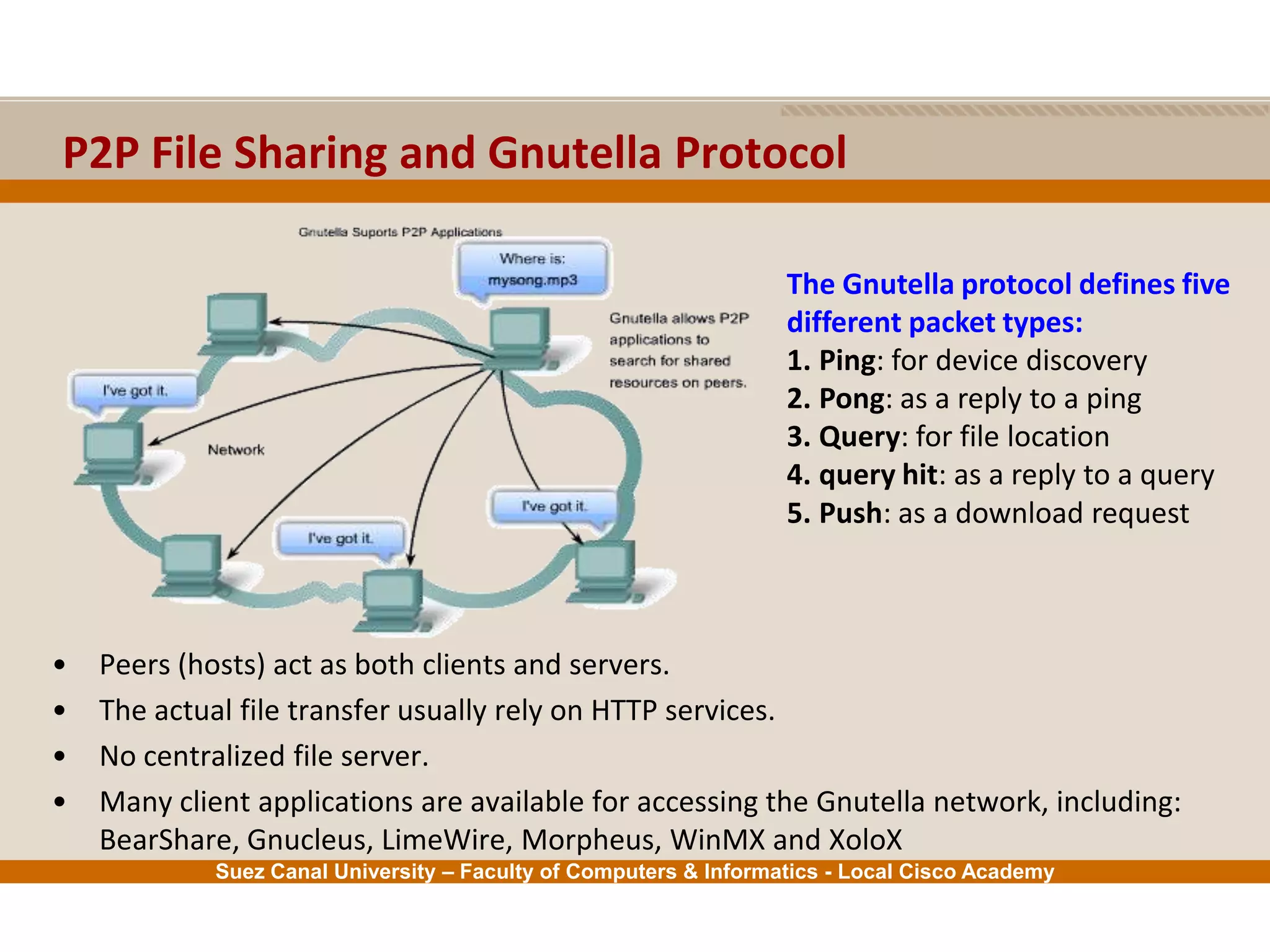 Suez Canal University – Faculty of Computers & Informatics - Local Cisco Academy
• Peers (hosts) act as both clients and servers.
• The actual file transfer usually rely on HTTP services.
• No centralized file server.
• Many client applications are available for accessing the Gnutella network, including:
BearShare, Gnucleus, LimeWire, Morpheus, WinMX and XoloX
P2P File Sharing and Gnutella Protocol
The Gnutella protocol defines five
different packet types:
1. Ping: for device discovery
2. Pong: as a reply to a ping
3. Query: for file location
4. query hit: as a reply to a query
5. Push: as a download request
 