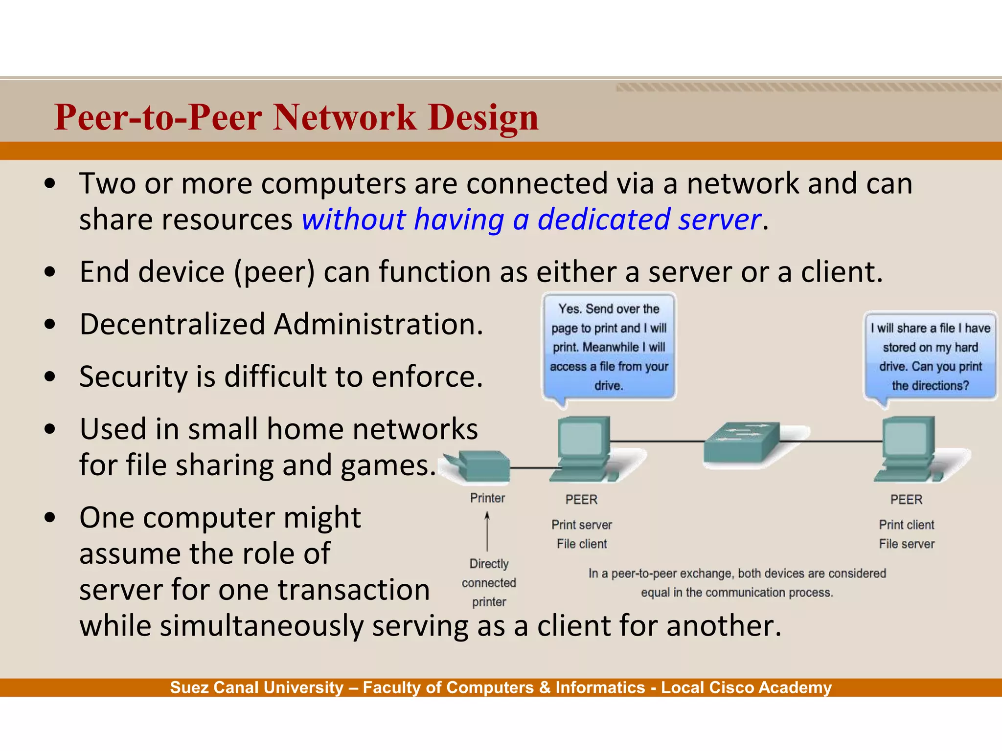 Suez Canal University – Faculty of Computers & Informatics - Local Cisco Academy
Peer-to-Peer Network Design
• Two or more computers are connected via a network and can
share resources without having a dedicated server.
• End device (peer) can function as either a server or a client.
• Decentralized Administration.
• Security is difficult to enforce.
• Used in small home networks
for file sharing and games.
• One computer might
assume the role of
server for one transaction
while simultaneously serving as a client for another.
 