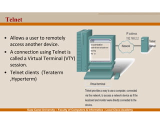 Suez Canal University – Faculty of Computers & Informatics - Local Cisco Academy
Telnet
• Allows a user to remotely
access another device.
• A connection using Telnet is
called a Virtual Terminal (VTY)
session.
• Telnet clients (Teraterm
,Hyperterm)
 
