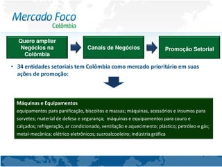 Quero ampliar
   Negócios na                     Canais de Negócios                   Promoção Setorial
    Colômbia

• 34 entidades setoriais tem Colômbia como mercado prioritário em suas
  ações de promoção:



  Máquinas e Equipamentos
  equipamentos para panificação, biscoitos e massas; máquinas, acessórios e insumos para
  sorvetes; material de defesa e segurança; máquinas e equipamentos para couro e
  calçados; refrigeração, ar condicionado, ventilação e aquecimento; plástico; petróleo e gás;
  metal-mecânica; elétrico eletrônicos; sucroalcooleiro; indústria gráfica
 