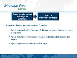 Quero ampliar minha
                                          Apoio à
          presença na
                                    Internacionalização
            Colômbia


Suporte individual para empresas na Colômbia

     Parceria Apex-Brasil e Proexport Colômbia para atendimento recíproco
     a empresas
     Apoio do Setor de Promoção Comercial da Embaixada Brasileira em
     Bogotá
     Apoio ao processo de Internacionalização
 