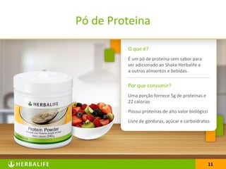 1111
O que é?
É um pó de proteína sem sabor para
ser adicionado ao Shake Herbalife e
a outros alimentos e bebidas.
Por que consumir?
Uma porção fornece 5g de proteínas e
22 calorias
Possui proteínas de alto valor biológico
Livre de gorduras, açúcar e carboidratos
Pó de Proteina
 
