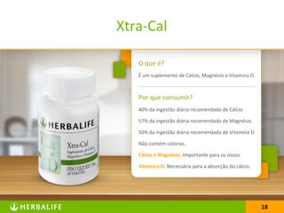 1818
O que é?
É um suplemento de Cálcio, Magnésio e Vitamina D.
Por que consumir?
40% da ingestão diária recomendada de Cálcio
57% da ingestão diária recomendada de Magnésio
50% da ingestão diária recomendada de Vitamina D
Não contém calorias.
Cálcio e Magnésio: Importante para os ossos.
Vitamina D: Necessária para a absorção do cálcio.
Xtra-Cal
 