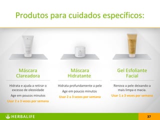 3737
Produtos para cuidados específicos:
Hidrata e ajuda a retirar o
excesso de oleosidade
Age em poucos minutos
Usar 2 a 3 vezes por semana
Máscara
Clareadora
Hidrata profundamente a pele
Age em poucos minutos
Usar 2 a 3 vezes por semana
Máscara
Hidratante
Renova a pele deixando-a
mais limpa e macia.
Usar 1 a 3 vezes por semana
Gel Esfoliante
Facial
 