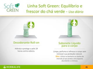 41
Linha Soft Green: Equilíbrio e
frescor do chá verde - Uso diário
Desodorante Roll-on
Hidrata e protege a pele 24
horas contra odores.
Sabonete Líquido
para o corpo
Limpa, perfuma e refresca o corpo sem
remover sua proteção natural.
Dica: Utilize na banheira ou banho de
imersão já que produz uma espuma
abundante e cremosa.
 