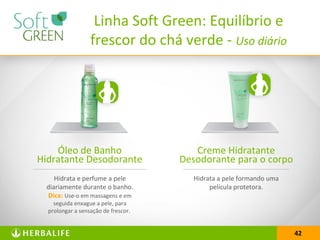 42
Linha Soft Green: Equilíbrio e
frescor do chá verde - Uso diário
Óleo de Banho
Hidratante Desodorante
Hidrata e perfume a pele
diariamente durante o banho.
Dica: Use-o em massagens e em
seguida enxague a pele, para
prolongar a sensação de frescor.
Creme Hidratante
Desodorante para o corpo
Hidrata a pele formando uma
película protetora.
 