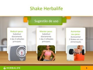 5
Sugestão de uso
5
Shake Herbalife
Reduzir peso:
Substituir
diariamente
2 das 3 refeições
principais.
Manter peso:
Substituir
diariamente
1 das 3 refeições
principais.
Aumentar
seu peso:
Acrescentar
2 Shakes em sua
alimentação.
 