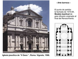 El punto de partida: la fachada de 1575-84.  Modelo basilical  de gran difusión originado al final del Renacimiento. Iglesia jesuítica de “Il Gesú “, Roma. Vignola, 1568.  - Arte barroco - 