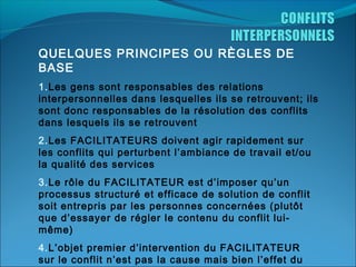 QUELQUES PRINCIPES OU RÈGLES DE
BASE
1.Les gens sont responsables des relations
interpersonnelles dans lesquelles ils se retrouvent; ils
sont donc responsables de la résolution des conflits
dans lesquels ils se retrouvent
2.Les FACILITATEURS doivent agir rapidement sur
les conflits qui perturbent l’ambiance de travail et/ou
la qualité des services
3.Le rôle du FACILITATEUR est d’imposer qu’un
processus structuré et efficace de solution de conflit
soit entrepris par les personnes concernées (plutôt
que d’essayer de régler le contenu du conflit luimême)
4.L’objet premier d’intervention du FACILITATEUR
sur le conflit n’est pas la cause mais bien l’effet du

 