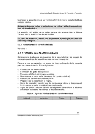 Ministerio de Salud – Dirección General de Promoción y Prevención




favorables la gestante deberá ser remitida al nivel de mayor complejidad bajo
cuidado médico.

Actualmente no se indica la episiotomía de rutina y sólo debe practicar-
se a juicio del médico.

La atención del recién nacido debe hacerse de acuerdo con la Norma
Técnica para la Atención del Recién Nacido.

En caso de mortinato, remitir con la placenta a patología para estudio
anatomopatológico

5.3.1 Pinzamiento del cordón umbilical.

Ver tabla 1.

5.4 ATENCIÓN DEL ALUMBRAMIENTO
Generalmente la placenta se desprende de la pared uterina y se expulsa de
manera expontánea. La atención en este período comprende:

Esperar a que se presenten los signos de desprendimiento de la placenta
para traccionar el cordón. Estos signos son:

•   Contracción del fondo uterino
•   Formación del globo de seguridad.
•   Expulsión súbita de sangre por genitales.
•   Descenso de la pinza señal (descenso del cordón umbilical).
•   Reaparición de contracciones dolorosas.
•   Palpación de la placenta en la vagina.
•   Signo del pescador: tracción leve del cordón para valorar el descenso del
    fondo uterino si no ha ocurrido el desprendimiento.
•   Signo del pistón: Tracción cefálica del segmento para valorar el ascenso
    del cordón cuando no ha ocurrido el desprendimiento.

              Tabla 1 . Tipos de Pinzamiento del cordón Umbilical

        Habitual                   Inmediato                    Precoz                    Diferido




                                                                                            11
Norma técnica para la atención del parto
 