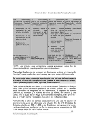 Ministerio de Salud – Dirección General de Promoción y Prevención



Las         condiciones LAS        CONDICIONES         Las         condiciones     Las         condiciones
clínicas que indican el CLÍNICAS QUE INDICAN EL        clínicas que indican el     clínicas que indican el
Pinzamiento     habitual PINZAMIENTO INMEDIATO         Pinzamiento precoz del      Pinzamiento      diferido
del cordón son:          DEL CORDÓN SON:               cordón son:                 del cordón son:

•    Interrupción de la •        Placenta previa o •        Recién     nacidos     Prolapso y proci-dencia
     palpitación de las          abrupcio,      para        hijos de madres        del cordón
     arterias umbilicales        interrumpir la pér-        toxémicas o diabé-
                                 dida de sangre del         ticas, para reducir    Parto en presentación
•    Disminución de la           recién nacido              el riesgo de poli-     de pelvis
     ingurgitación de la                                    globulia
     vena umbilical                                                                Ruptura prolongada de
                                                       •    Isoinmunización        membranas
•    Satisfactoria                                          materno-fetal
     perfusión de la piel
                                                       •    Miastenia   Gravis
                                                            para disminuir el
                                                            paso de anticuer-
                                                            pos maternos

REALIZAR ENTRE 1 Y                                     REALIZAR ENTRE 30           REALIZAR      CON
2 MINUTOS DESPUÉS REALIZAR                             SEGUNDOS     Y  1           POSTERIORIDAD   A
DEL NACIMIENTO     INMEDIATAMENTE                      MINUTO    DESPUÉS           LOS DOS MINUTOS
                                                       DEL NACIMIENTO              DESPUES       DEL
                                                                                   NACIMIENTO

NOTA: Los criterios para pinzamiento precoz prevalecen sobre los de
pinzamiento diferido cuando coexisten como indicaciones

Al visualizar la placenta, se toma con las dos manos, se inicia un movimiento
de rotación para enrollar las membranas y favorecer su expulsión completa.

Es importante tener en cuenta que durante este período del parto ocurre
el mayor número de complicaciones graves y eventualmente fatales,
por lo que este proceso debe vigilarse estrechamente.

Debe revisarse la placenta tanto por su cara materna (observar su integri-
dad), como por su cara fetal (presencia de infartos, quistes, etc.). También
debe verificarse la integridad de las membranas, el aspecto del cordón
umbilical, su inserción y el numero de vasos (lo normal, dos arterias y una
vena). Ante la duda de que haya alumbramiento incompleto, debe proceder-
se a la revisión uterina y extracción manual de los restos retenidos.

Normalmente el útero se contrae adecuadamente una vez ha ocurrido el
alumbramiento, pero se administra una infusión I.V. de 5-10 Unidades de
Oxitocina diluídas en 500 o 1.000 cc de Cristaloides para prevenir la hemo-
rragia postparto por atonía uterina. Se considera normal una pérdida de 500
cc de sangre luego del parto vaginal normal.
                                                                                            12
Norma técnica para la atención del parto
 