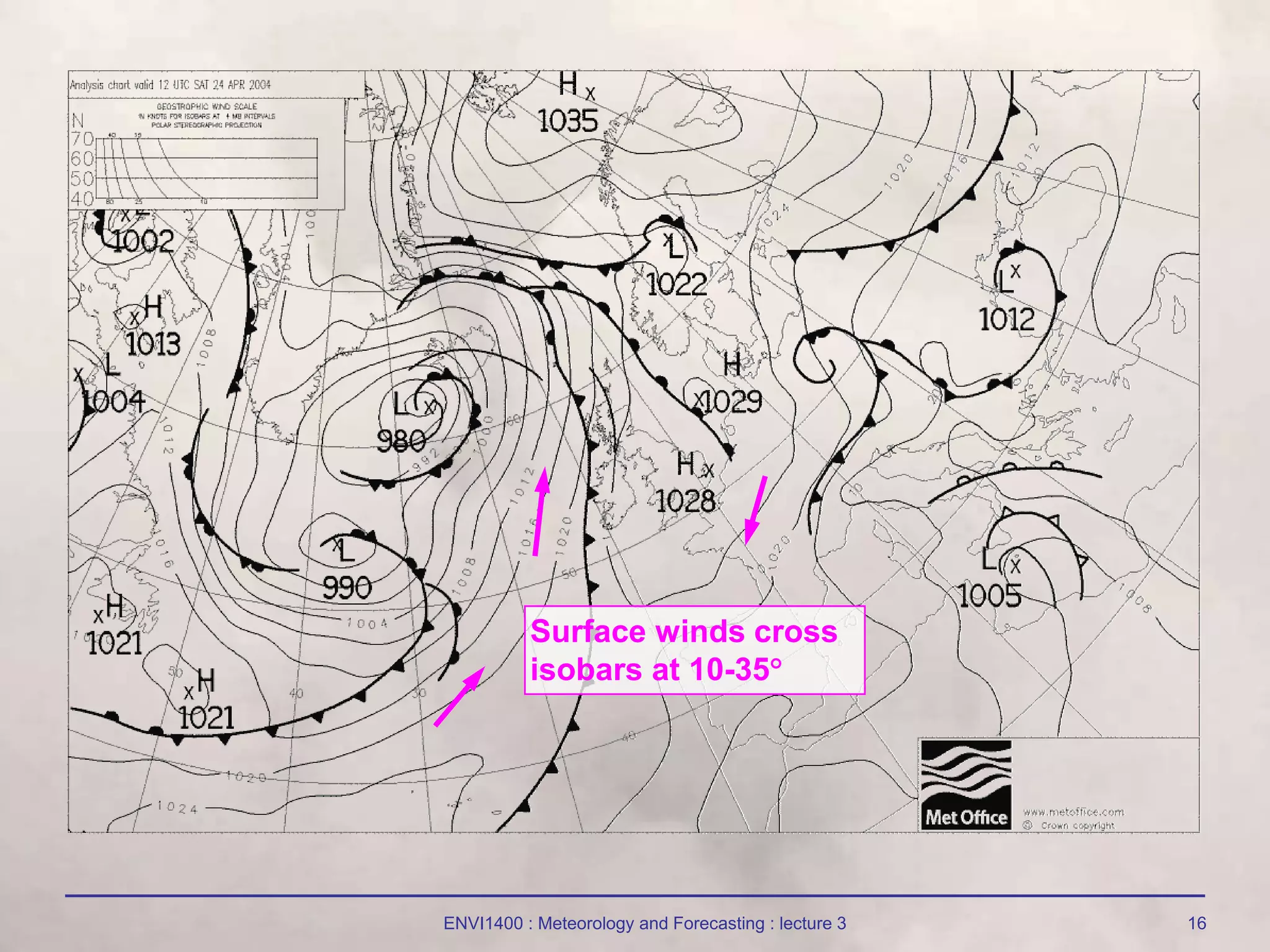 ENVI1400 : Meteorology and Forecasting : lecture 3 16
Surface winds cross
isobars at 10-35
 