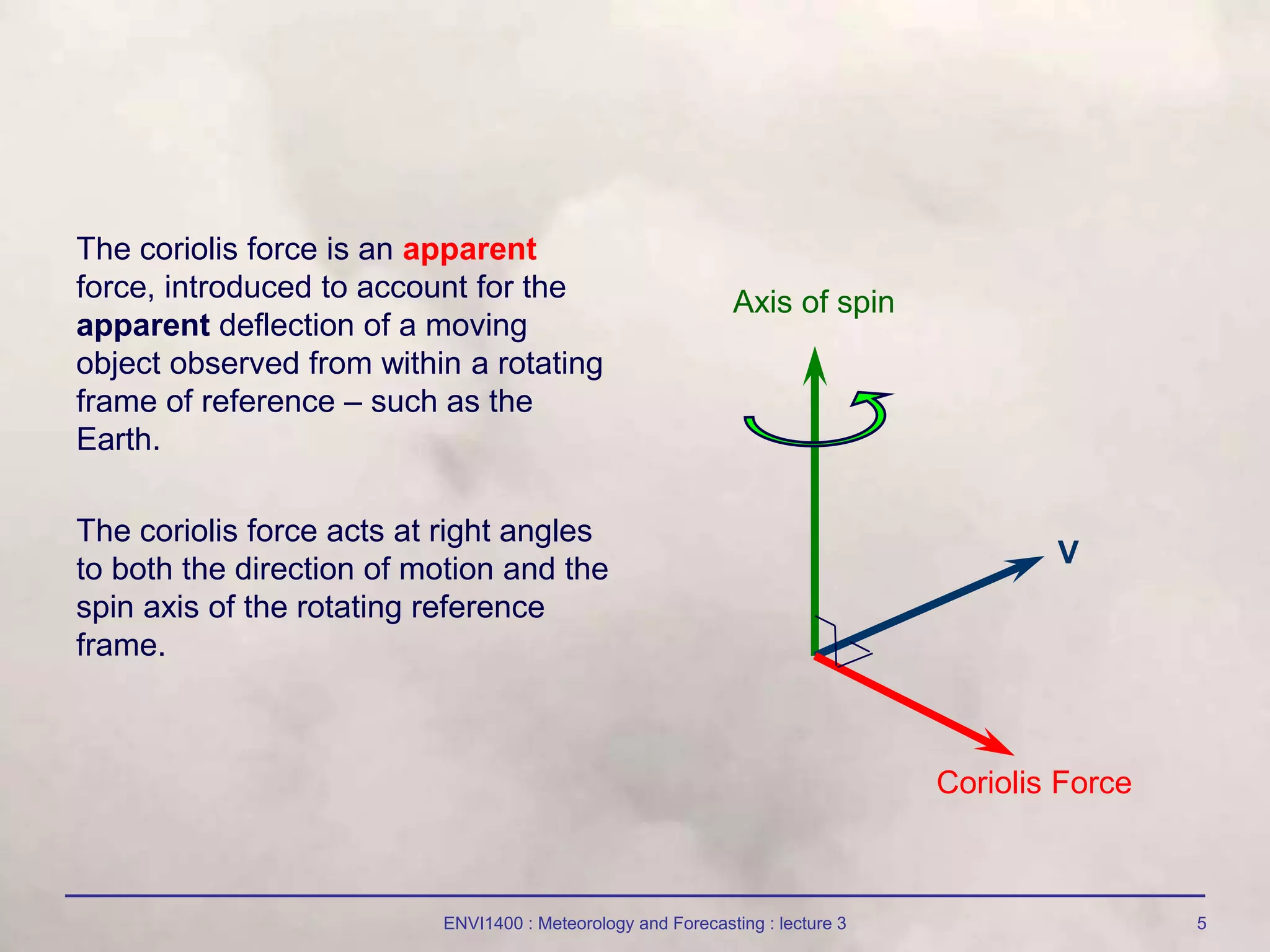 ENVI1400 : Meteorology and Forecasting : lecture 3 5
The coriolis force is an apparent
force, introduced to account for the
apparent deflection of a moving
object observed from within a rotating
frame of reference – such as the
Earth.
The coriolis force acts at right angles
to both the direction of motion and the
spin axis of the rotating reference
frame.
V
Coriolis Force
Axis of spin
 