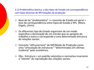 2.1) Problemática teórica: a dos tipos de Estado em correspondência
com tipos diversos de RP/relações de produção

   Base de tal “problemática” => conceito de Estado em geral +
    tese da correspondência entre tipos de Estado e RPs (Marx,
    Engels, Lênin).

   Os diferentes tipo de Estado organizam de um modo
    específico a dominação de um estrato que se apropria do
    trabalho e outro e corresponde a uma determinada estrutura
    de relações sociais.

   Conceito “althusseriano” de MP/Modo de Produção como
    uma “articulação de estruturas” “determinadas em últimas
    instância” pelo econômico.

   Obs.: Estrutura = um padrão valorativo e normativo invariante
    a “latente” de reprodução das relações sociais.

                                                                  12
 