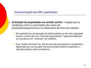 Caracterização das RPs capitalistas:


   A) Relação de propriedade em sentido estrito = relação que se
    estabelece entre o controlados dos meios de
    produção/equipamentos e os detentores da força de trabalho.

         No capitalismo a apropriação do sobretrabalho ou do valor agregado
          assume a forma de uma “troca de equivalentes” regulamentada por
          um acordo ou um “contrato” de trabalho;

         Essa “ilusão mercantil” (p. 26) da troca de equivalentes é produzida e
          legitimada por sua vez pela estrutura jurídico-política capitalista, e
          não pela própria esfera econômica;




                                                                                   13
 