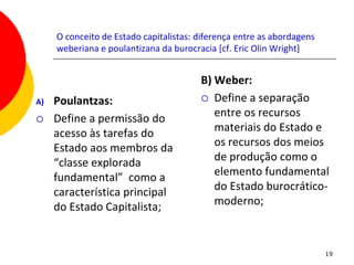 O conceito de Estado capitalistas: diferença entre as abordagens
     weberiana e poulantizana da burocracia [cf. Eric Olin Wright]


                                        B) Weber:
A)   Poulantzas:                         Define a separação

    Define a permissão do                 entre os recursos
     acesso às tarefas do                  materiais do Estado e
     Estado aos membros da                 os recursos dos meios
     “classe explorada                     de produção como o
     fundamental” como a                   elemento fundamental
     característica principal              do Estado burocrático-
     do Estado Capitalista;                moderno;



                                                                        19
 