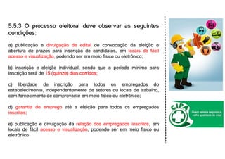 5.5.3 O processo eleitoral deve observar as seguintes
condições:
a) publicação e divulgação de edital de convocação da eleição e
abertura de prazos para inscrição de candidatos, em locais de fácil
acesso e visualização, podendo ser em meio físico ou eletrônico;
b) inscrição e eleição individual, sendo que o período mínimo para
inscrição será de 15 (quinze) dias corridos;
c) liberdade de inscrição para todos os empregados do
estabelecimento, independentemente de setores ou locais de trabalho,
com fornecimento de comprovante em meio físico ou eletrônico;
d) garantia de emprego até a eleição para todos os empregados
inscritos;
e) publicação e divulgação da relação dos empregados inscritos, em
locais de fácil acesso e visualização, podendo ser em meio físico ou
eletrônico
 