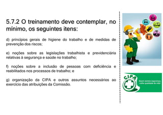 5.7.2 O treinamento deve contemplar, no
mínimo, os seguintes itens:
d) princípios gerais de higiene do trabalho e de medidas de
prevenção dos riscos;
e) noções sobre as legislações trabalhista e previdenciária
relativas à segurança e saúde no trabalho;
f) noções sobre a inclusão de pessoas com deficiência e
reabilitados nos processos de trabalho; e
g) organização da CIPA e outros assuntos necessários ao
exercício das atribuições da Comissão.
 