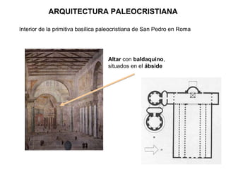 Interior de la primitiva basílica paleocristiana de San Pedro en Roma Altar  con  baldaquino , situados en el  ábside ARQUITECTURA PALEOCRISTIANA 