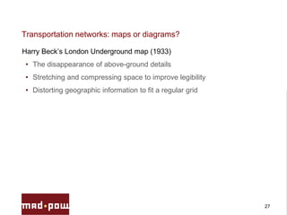 Transportation networks: maps or diagrams?
27
Harry Beck’s London Underground map (1933)
• The disappearance of above-ground details
• Stretching and compressing space to improve legibility
• Distorting geographic information to fit a regular grid
 