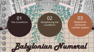 01
The Cuneiform
02
Deciphering the
cuneiform
03
Babylonian
positional
number system
Babylonian Numeral
 