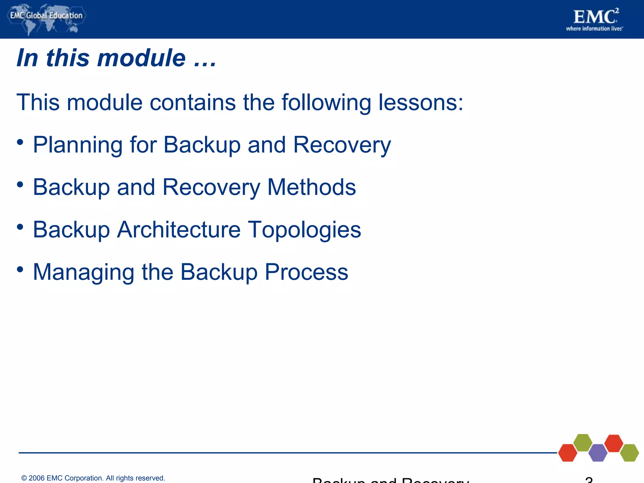 © 2006 EMC Corporation. All rights reserved.
In this module …
This module contains the following lessons:
 Planning for Backup and Recovery
 Backup and Recovery Methods
 Backup Architecture Topologies
 Managing the Backup Process
 