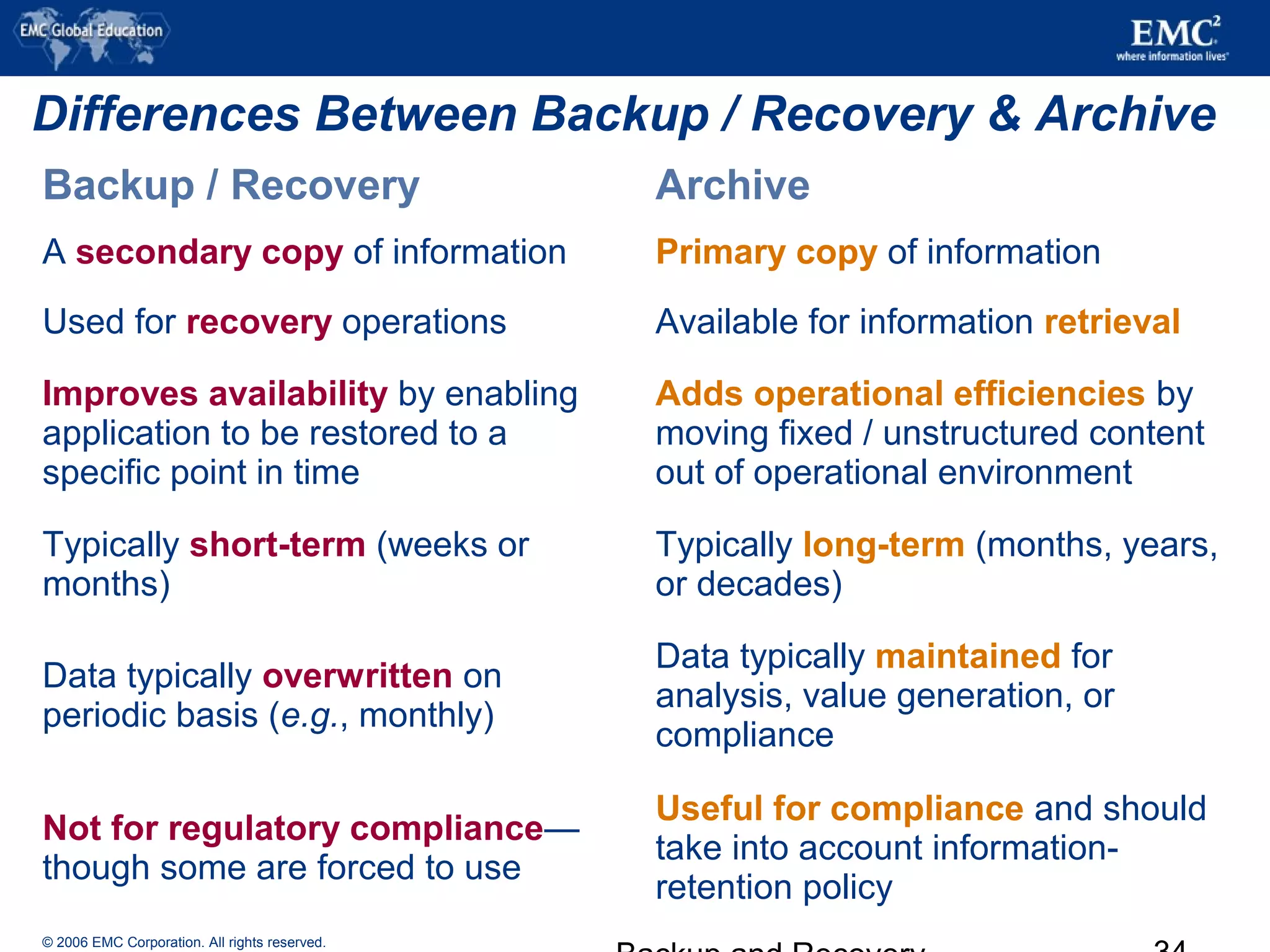 © 2006 EMC Corporation. All rights reserved.
Differences Between Backup / Recovery & Archive
Backup / Recovery Archive
A secondary copy of information Primary copy of information
Used for recovery operations Available for information retrieval
Improves availability by enabling
application to be restored to a
specific point in time
Adds operational efficiencies by
moving fixed / unstructured content
out of operational environment
Typically short-term (weeks or
months)
Typically long-term (months, years,
or decades)
Data typically overwritten on
periodic basis (e.g., monthly)
Data typically maintained for
analysis, value generation, or
compliance
Not for regulatory compliance—
though some are forced to use
Useful for compliance and should
take into account information-
retention policy
 