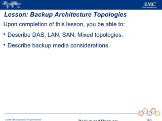 © 2006 EMC Corporation. All rights reserved.
Lesson: Backup Architecture Topologies
Upon completion of this lesson, you be able to:
 Describe DAS, LAN, SAN, Mixed topologies.
 Describe backup media considerations.
 