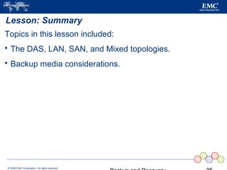 © 2006 EMC Corporation. All rights reserved.
Lesson: Summary
Topics in this lesson included:
 The DAS, LAN, SAN, and Mixed topologies.
 Backup media considerations.
 