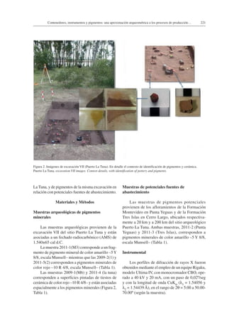 221Contenedores, instrumentos y pigmentos: una aproximación arqueométrica a los procesos de producción…
La Tuna, y de pigmentos de la misma excavación en
relación con potenciales fuentes de abastecimiento.
Materiales y Métodos
Muestras arqueológicas de pigmentos
minerales
Las muestras arqueológicas provienen de la
excavación VII del sitio Puerto La Tuna y están
asociadas a un fechado radiocarbónico (AMS) de
1.540±65 cal d.C.
La muestra 2011-1(M3) corresponde a un frag-
mento de pigmento mineral de color amarillo –5Y
8/8, escala Munsell– mientras que las 2009-2(1) y
2011-5(2) corresponden a pigmentos minerales de
color rojo –10 R 4/8, escala Munsell– (Tabla 1).
Las muestras 2009-1(M6) y 2011-4 (la tuna)
corresponden a superficies pintadas de tiestos de
cerámica de color rojo –10 R 4/8– y están asociadas
espacialmente a los pigmentos minerales (Figura 2,
Tabla 1).
Muestras de potenciales fuentes de
abastecimiento
Las muestras de pigmentos potenciales
provienen de los afloramientos de la Formación
Montevideo en Punta Yeguas y de la Formación
Tres Islas en Cerro Largo, ubicados respectiva-
mente a 20 km y a 200 km del sitio arqueológico
Puerto La Tuna. Ambas muestras, 2011-2 (Punta
Yeguas) y 2011-3 (Tres Islas), corresponden a
pigmentos minerales de color amarillo –5 Y 8/8,
escala Munsell– (Tabla 1).
Instrumental
Los perfiles de difracción de rayos X fueron
obtenidos mediante el empleo de un equipo Rigaku,
modelo Ultima IV, con monocromador CBO, ope-
rado a 40 kV y 20 mA, con un paso de 0,02º/seg
y con la longitud de onda CuKα (λ1 = 1.54056 y
λ2 = 1.54439 Å), en el rango de 2θ = 5.00 a 50.00-
70.00º (según la muestra).
Figura 2. Imágenes de excavación VII (Puerto La Tuna). En detalle el contexto de identificación de pigmentos y cerámica.
Puerto La Tuna, excavation VII images. Context details, with identification of pottery and pigments.
 