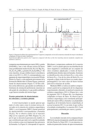 L. Beovide, M. Malán, E. Vallvé, A. Trujillo, M. Mejía, H. Pardo, R. Faccio, A. Mombrú y M. Pistón224
Figura 4. Diagrama de difracción experimental de m3 (superior) comparado con los de las muestras minerales de mayor coincidencia
compilados en bases de datos (inferiores).
Experimental diffraction pattern of m3 (superior) compared with those of the best matching mineral standards compiled into
databases (inferior).
compuestamayoritariamenteporcuarzo(SiO2),goetita
(FeO(OH)) y uno o más silicatos mixtos de hierro
(muy posiblemente muskovita (K, Na) (Al, Mg, Fe)2
(Si3Al1) O10(OH)2 y grinalita (Fe3Si2O5(OH)4))1. De
estas muestras, las que exhiben mayor coincidencia
entre sí son 2011-1 y 2011-2, correspondientes a un
pigmentodeorigenarqueológico(excavaciónVIIsitio
Puerto La Tuna) y a otro pigmento proveniente de la
Formación Montevideo en PuntaYeguas, potencial
fuente de abastecimiento (Figura 3). Si bien exhi-
ben ciertas diferencias, que pueden ser atribuidas al
fenómeno de orientación preferencial, muestran un
alto grado de coincidencia, lo que podría atribuirse
a que fueron extraídas del mismo lugar.
Fuentes potenciales de abastecimiento
de colorantes y cerámica pintada
A nivel macroscópico se puede apreciar que
tanto el color rojizo como la textura terrosa ob-
servados en la muestra de cerámica arqueológica
2009-1 y en el pigmento 2009-2 (fuente potencial
de abastecimiento) corresponderían a hematita
(Fe2O3). No se observa azufre (A) ni mercurio
(Hg) en los espectros por FRX (Figuras 5a y b)
por lo que se descarta la presencia de cinabrio, lo
que corroboraría que tanto en la superficie pintada
de la cerámica como en el pigmento hay presencia
de hematita. La Figura 5c corresponde al espectro
Mössbauer a temperatura ambiente de la muestra
2009-1; en él se puede apreciar una distribución de
sitios magnéticos constituida por un conjunto de
sitios cristalinos adjudicados a óxidos de hierro,
probablemente distintos tipos de hematita.Asimismo
se identifican dos sitios de hierro Fe3+ y dos sitios
de hierro Fe2+. Uno de los sitios de hierro Fe3+ es
asignado a algún óxido de hierro en estado super-
paramagnético. Los otros sitios de hierro forman
parte de la estructura de arcillas.
Mediante DRX se realiza un análisis composi-
cional a partir de la comparación de los diagramas
experimentales obtenidos al analizar la muestra de
cerámica arqueológica 2011-4 (Figura 6a) y otra
de pigmento 2011-5 (Figura 6b), con diagramas
compilados en bases de datos. Se observa que la
cerámica arqueológica está constituida principal-
mente por cuarzo (SiO2) y hematita. Las propiedades
magnéticas de la hematita fueron comprobadas al
acercar la muestra 2011-4 a un imán, lo que verifica
el resultado cristalográfico. La muestra 2011-5 está
principalmente constituida por cuarzo y goetita.
Discusión
Los resultados iniciales de la comparación por
DRX de la muestra de pigmento amarillo proveniente
del sitio Puerto La Tuna (2011-1) con muestras ex-
traídas de potenciales fuentes de aprovisionamiento
5,0 10,0 15,0 20,0 25,0 30,0 35,0 40,0 45,0 50,0
2θ (º)
IntensidadU.A.
 