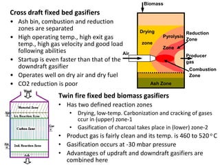 Reduction
Zone
Combustion
Zone
Ash Zone
Air
Drying
zone
Pyrolysis
Zone
Producer
gas
Biomass
Cross draft fixed bed gasifiers
• Ash bin, combustion and reduction
zones are separated
• High operating temp., high exit gas
temp., high gas velocity and good load
following abilities
• Startup is even faster than that of the
downdraft gasifier
• Operates well on dry air and dry fuel
• CO2 reduction is poor
Twin fire fixed bed biomass gasifiers
• Has two defined reaction zones
• Drying, low-temp. Carbonization and cracking of gases
ccur in (upper) zone-1
• Gasification of charcoal takes place in (lower) zone-2
• Product gas is fairly clean and its temp. is 460 to 520 o C
• Gasification occurs at -30 mbar pressure
• Advantages of updraft and downdraft gasifiers are
combined here
 