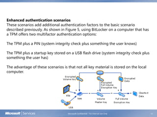 Microsoft Confidential - For Internal Use Only 12
Enhanced authentication scenarios
These scenarios add additional authentication factors to the basic scenario
described previously. As shown in Figure 5, using BitLocker on a computer that has
a TPM offers two multifactor authentication options:
The TPM plus a PIN (system integrity check plus something the user knows)
The TPM plus a startup key stored on a USB flash drive (system integrity check plus
something the user has)
The advantage of these scenarios is that not all key material is stored on the local
computer.
 