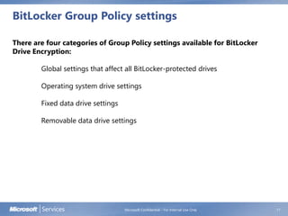 BitLocker Group Policy settings
Microsoft Confidential - For Internal Use Only 17
There are four categories of Group Policy settings available for BitLocker
Drive Encryption:
Global settings that affect all BitLocker-protected drives
Operating system drive settings
Fixed data drive settings
Removable data drive settings
 