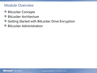Module Overview
BitLocker Concepts
BitLocker Architecture
Getting Started with BitLocker Drive Encryption
BitLocker Administration
1Microsoft Confidential - For Internal Use Only
 