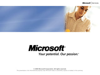 © 2008 Microsoft Corporation. All rights reserved.
This presentation is for informational purposes only. Microsoft makes no warranties, express or implied, in this summary.
 