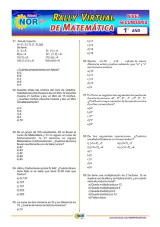 www.facebook.com/NORPERUOFICIAL
01. Sea el conjunto:
A= {1; 2; {1}; {1; 3}; {f}}
Se tiene:
I) 3 ÎA II) {1} ÎA
III)f ÎA IV) {1, 2} ÎA
V) {1} ËA VI) {f} ÌA
VII) {1; {1}} ÌA VIII) n(A) = 6
¿Cuántas proposiciones son falsas?
a) 3
b) 6
c) 2
d) 5
e) 4
02. Durante todas las noches del mes de Octubre,
Soledad escucha música o lee un libro. Si escucha
música 21 noches y lee un libro de 15 noches.
¿Cuántas noches escucha música y lee un libro
simultáneamente?
a) 5
b) 6
c) 4
d) 3
e) 10
03. De un grupo de 100 estudiantes, 49 no llevan el
curso de Matemática y 53 no siguen el curso de
Administración. Si 27 alumnos no siguen
Matemática ni Administración. ¿Cuántos alumnos
llevan exactamente uno de tales cursos?
a) 47
b) 43
c) 42
d) 48
e) 45
04. Aldo y Carlos tienen juntos S/.442. ¿Cuánto dinero
tiene Aldo si se sabe que tiene S/.68 más que
Carlos?
a) S/.157
b) 187
c) 127
d) 255
e) 265
05. La suma de dos números es 32 y su diferencia es
10. ¿Cuál es el menor de dichos números?
a) 10
b) 11
c) 12
d) 14
e) 16
06. Siendo: m>18 ; n<9 ; calcula la menor
diferencia entera positiva sabiendo que “m” y “n”
son números enteros.
a) 10
b) 11
c) 12
d) 13
e) 9
07. En Puno se registran las siguientes temperaturas
durante la semana: -4° ; 0° ; 6° ; -1° ; -3° ; 0° ; 5°.
¿Cuál fue la mayor variación de temperatura entre
dos días consecutivos?
a) 4°
b) 6°
c) 7°
d) 3°
e) 9°
08. De las siguientes operaciones. ¿Cuántos
resultados finales es un número entero?
i) (-3+-7) ¸ -2 iii) (-3+7) ¸ -2
ii) (+3+-7) ¸ -4 iv) (+3++7) ¸ -4
a) 1
b) 2
c) 3
d) 4
e) 6
09. Se tiene una multiplicación de 2 factores. Si se
duplica uno de ellos y se triplica el otro; ¿en cuánto
varía el producto inicial?
a) Queda multiplicada por 12
b) Queda multiplicada por 6
c) Queda dividido por 6
d) Queda dividido por 12
e) Faltan datos
Rally Virtual
Rally Virtual
Rally Virtual
de Matemática
de Matemática
de Matemática
NIVEL
NIVEL
SECUNDARIA
SECUNDARIA
NIVEL
SECUNDARIA
1 AÑO
º
 
