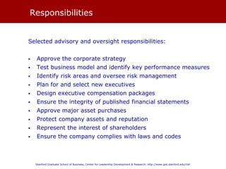 RESPONSIBILITIES
Selected advisory and oversight responsibilities:
• Approve the corporate strategy
• Test business model and identify key performance measures
• Identify risk areas and oversee risk management
• Plan for and select new executives
• Design executive compensation packages
• Ensure the integrity of published financial statements
• Approve major asset purchases
• Protect company assets and reputation
• Represent the interest of shareholders
• Ensure the company complies with laws and codes
 