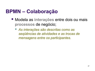  Modela as interações entre dois ou mais
processos de negócio;
 As interações são descritas como as
seqüências de atividades e as trocas de
mensagens entre os participantes.
27
BPMN – Colaboração
 