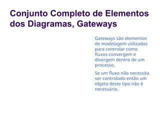 Conjunto Completo de Elementos
dos Diagramas, Gateways
Gateways são elementos
de modelagem utilizados
para controlar como
fluxos convergem e
divergem dentro de um
processo.
Se um fluxo não necessita
ser controlado então um
objeto deste tipo não é
necessário.
 
