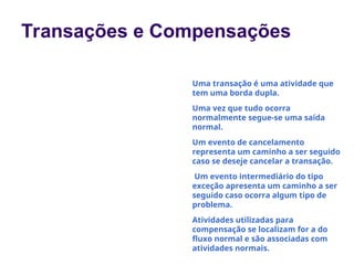 Transações e Compensações
Uma transação é uma atividade que
tem uma borda dupla.
Uma vez que tudo ocorra
normalmente segue-se uma saída
normal.
Um evento de cancelamento
representa um caminho a ser seguido
caso se deseje cancelar a transação.
Um evento intermediário do tipo
exceção apresenta um caminho a ser
seguido caso ocorra algum tipo de
problema.
Atividades utilizadas para
compensação se localizam for a do
fluxo normal e são associadas com
atividades normais.
 