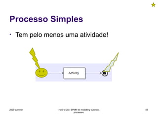 • Tem pelo menos uma atividade!
Processo Simples
59
2009-summer How to use BPMN for modelling business
processes
 